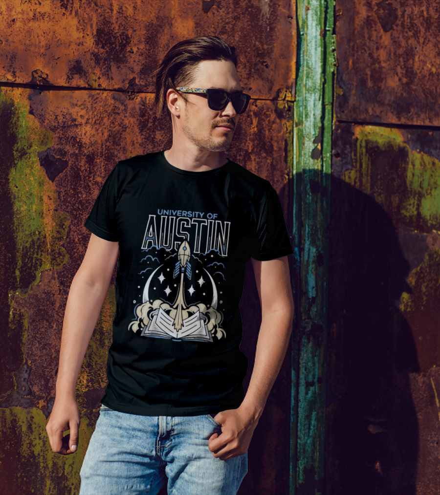 University Of Austin Rocket Book Imagery With Stars And Clouds T-Shirt