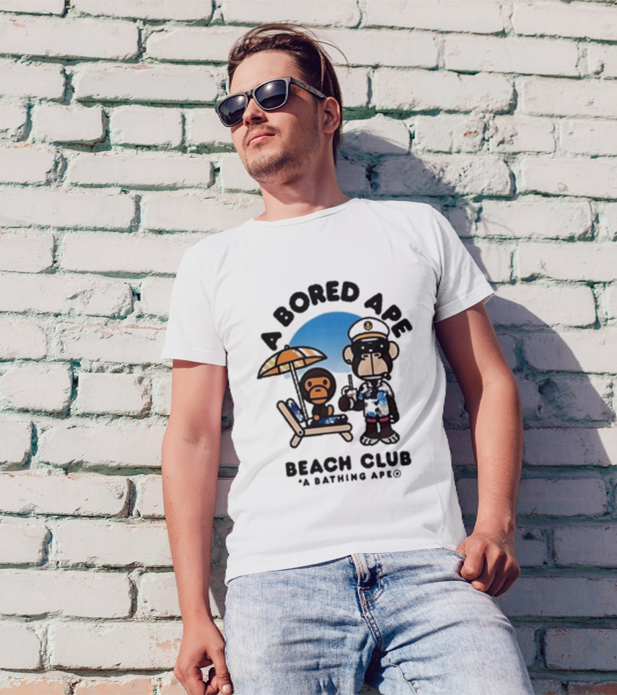 A Bored Ape Beach Club A Bathing Ape Officer And Relaxing Ape Scene T-Shirt