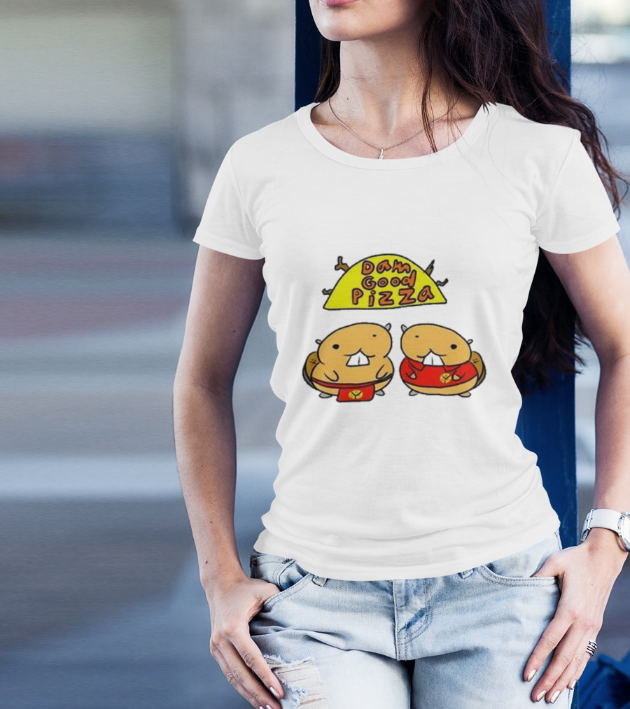 Dam Good Pizza Beaver Characters Duo In Red With Iconic Yellow Cheese Slice T-Shirt