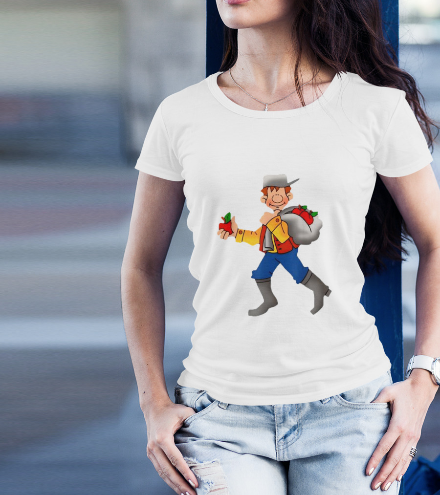 Johnny Appleseed Cartoon Character With Apple Backpack T-Shirt