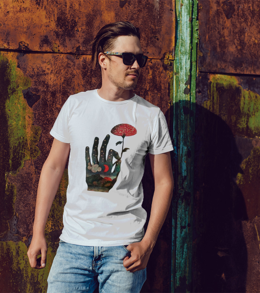 Fly Agaric Psychedelic Hand With Night Sky And Moon T-Shirt