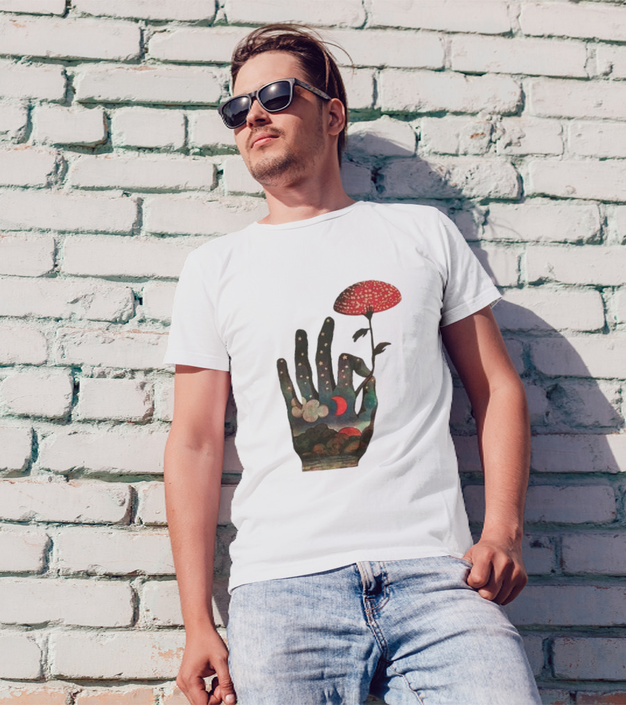 Fly Agaric Psychedelic Hand With Night Sky And Moon T-Shirt