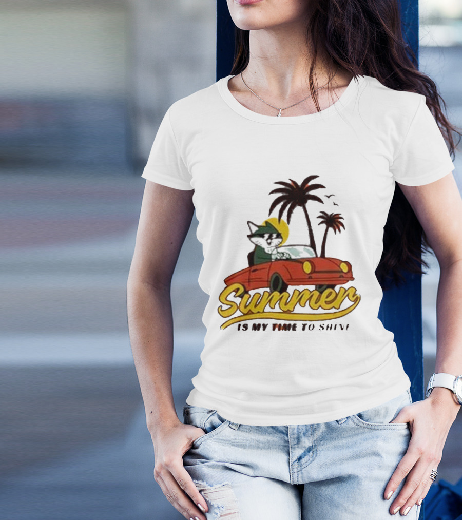 Summer Is My Time To Shine Cat In Car With Palm Trees T-Shirt