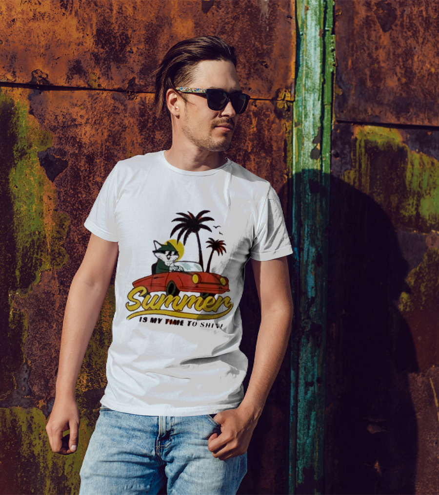 Summer Is My Time To Shine Cat In Car With Palm Trees T-Shirt
