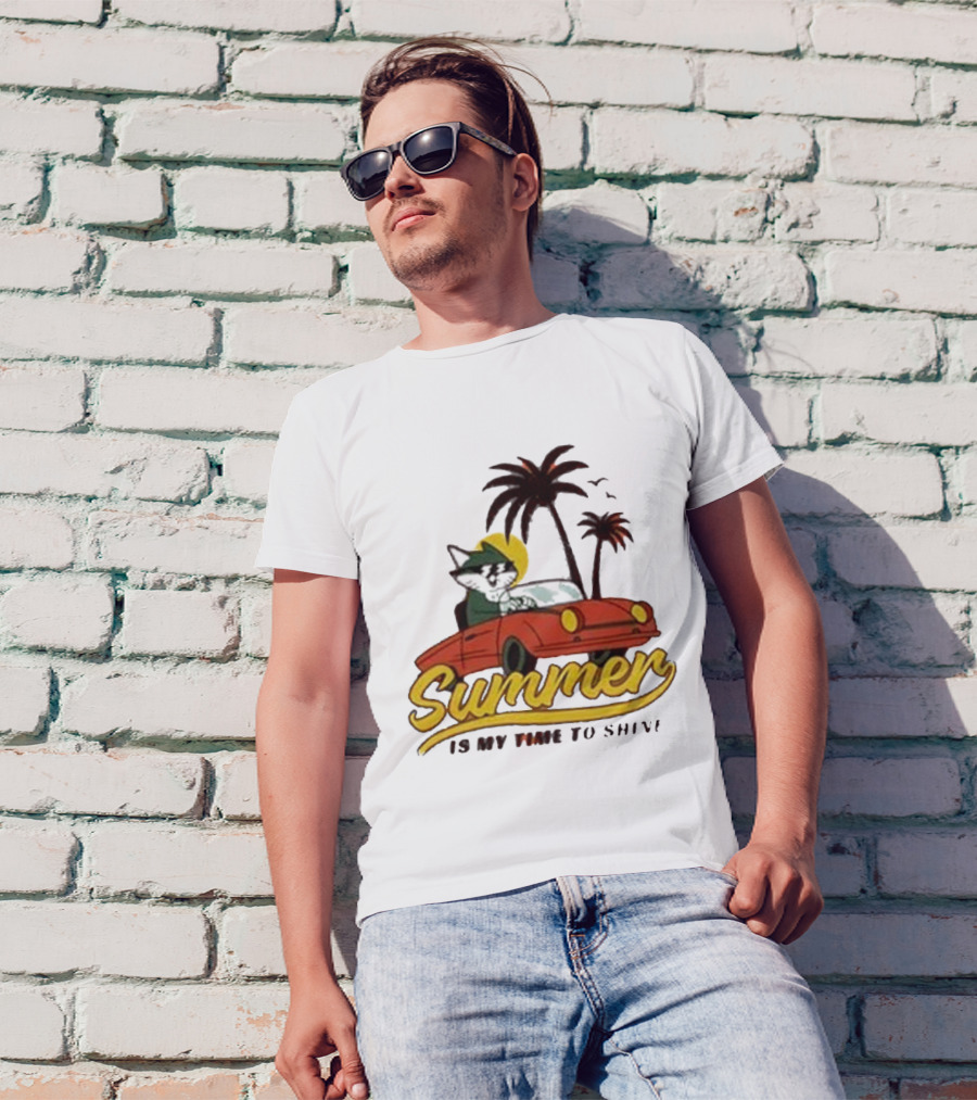 Summer Is My Time To Shine Cat In Car With Palm Trees T-Shirt