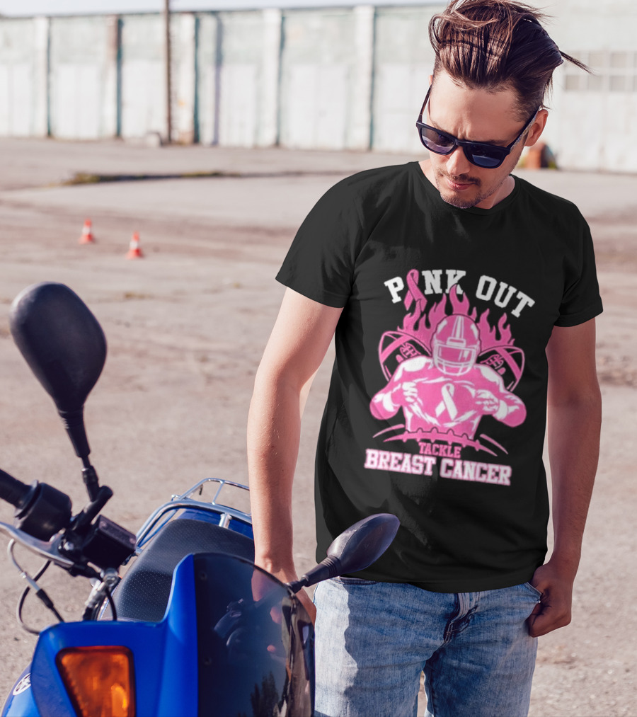 Pink Out Tackle Breast Cancer Awareness Football Player Ribbon Flames T-Shirt