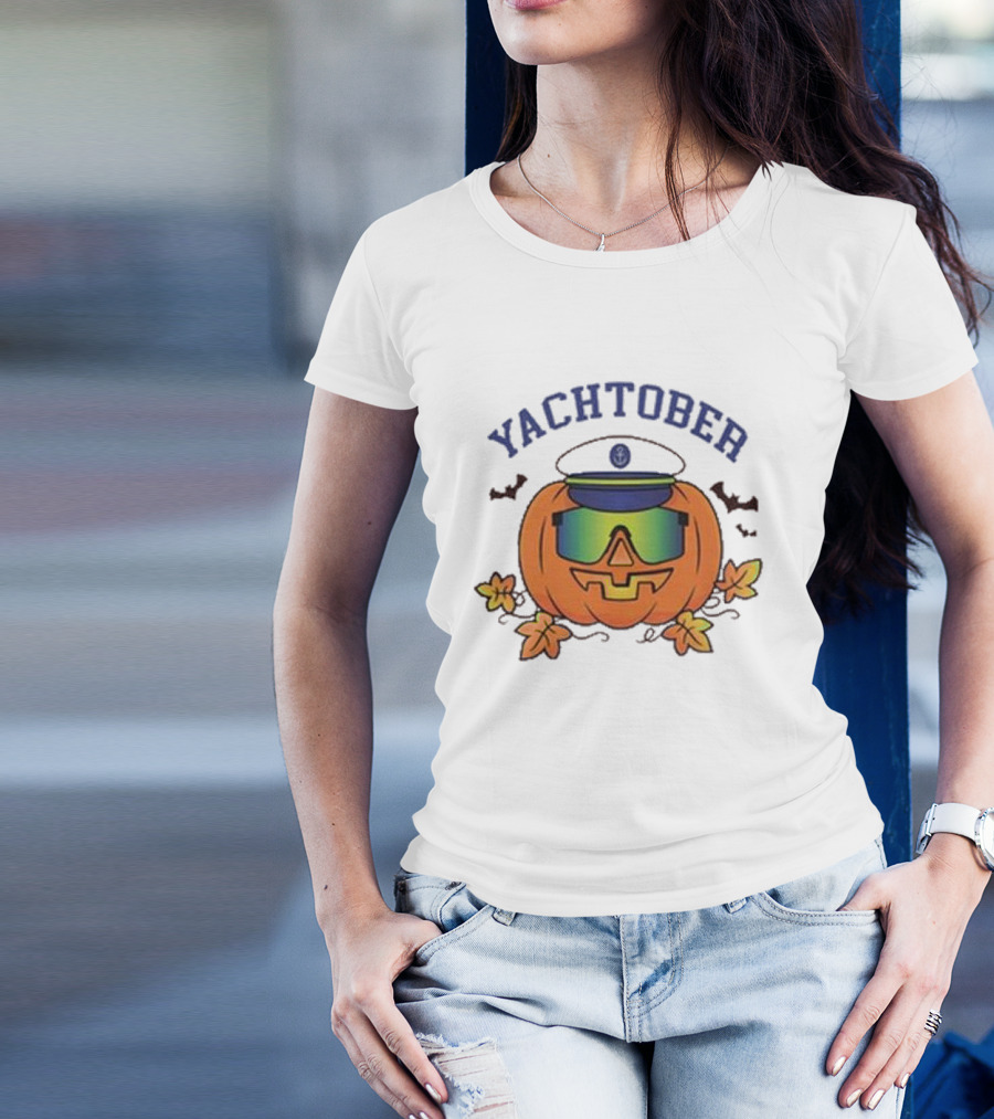 Yachtober Captain Pumpkin With Sunglasses And Bats T-Shirt