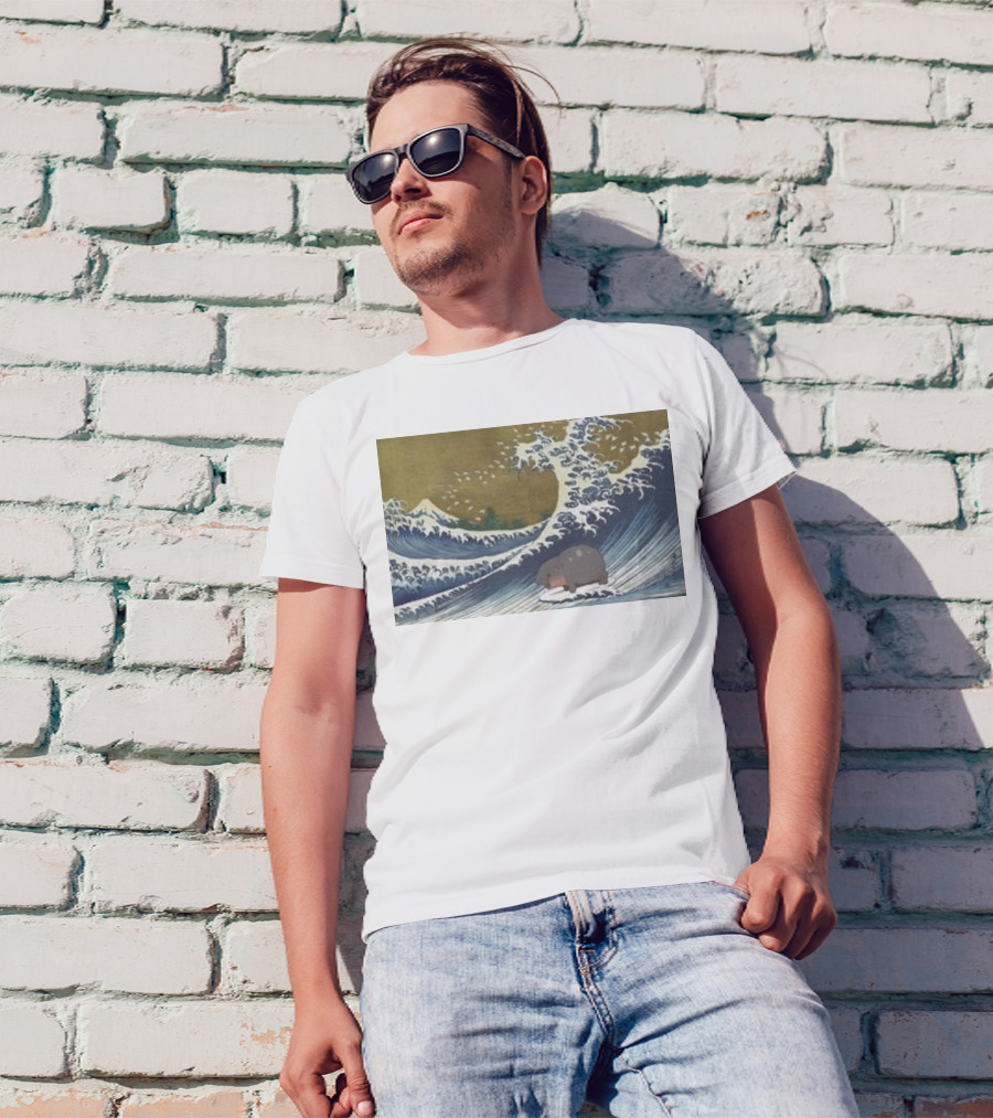 Moo Deng Surfing The Great Wave Off Kanagawa Hybrid T-Shirt