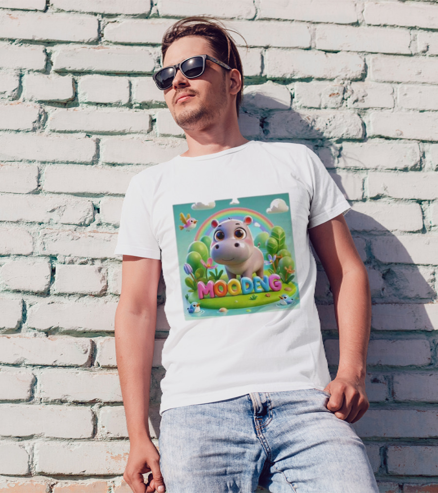 Moo-Deng The Famous Baby Pygmy Hippo Moo Deng Rainbow Meadow Scene T-Shirt