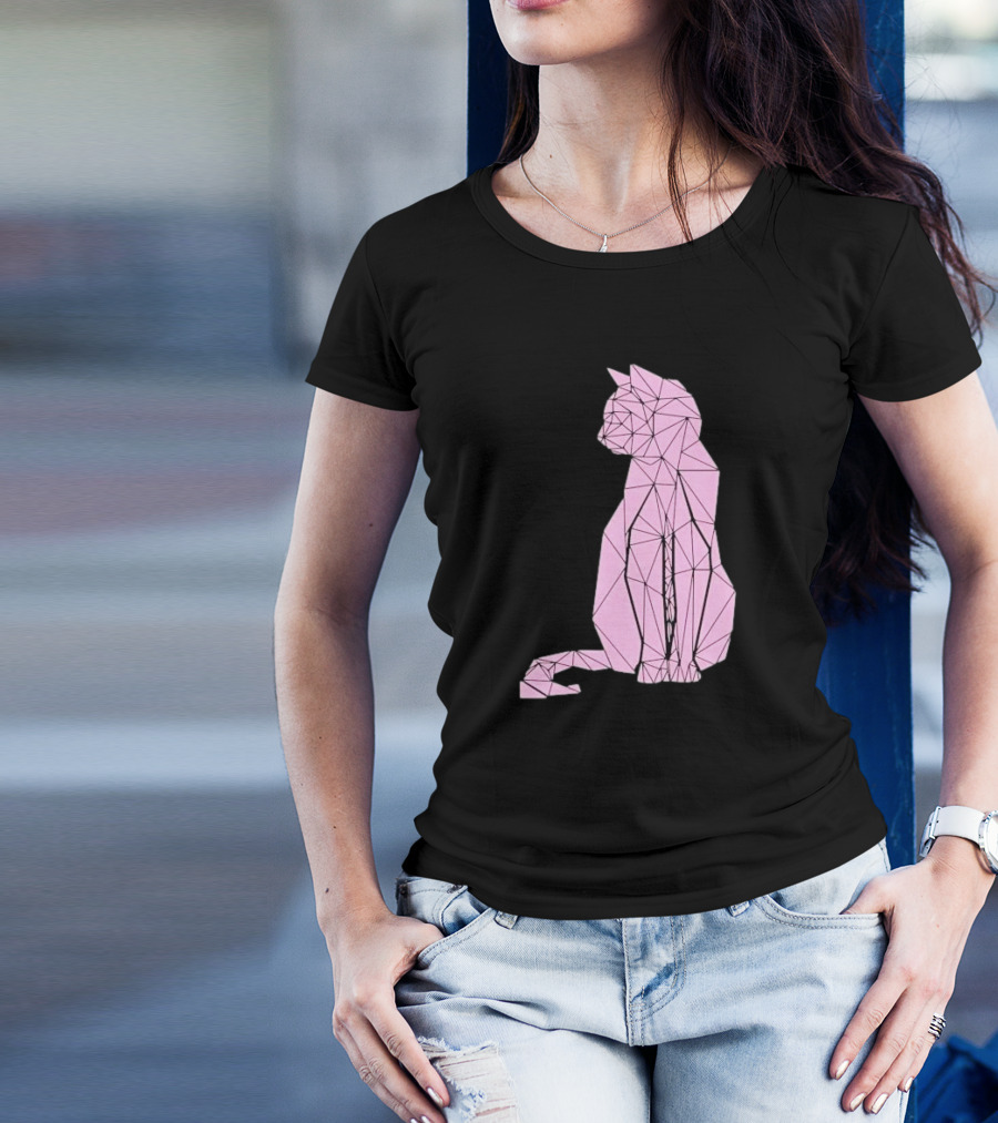Geometric Cat Feline Pet Lover Minimalist Pink Line T-Shirt