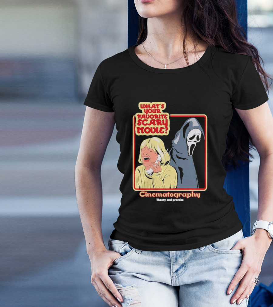 What’s Your Favorite Scary Movie Cinematography Theory And Practice Ghost Mask Girl On Phone T-Shirt