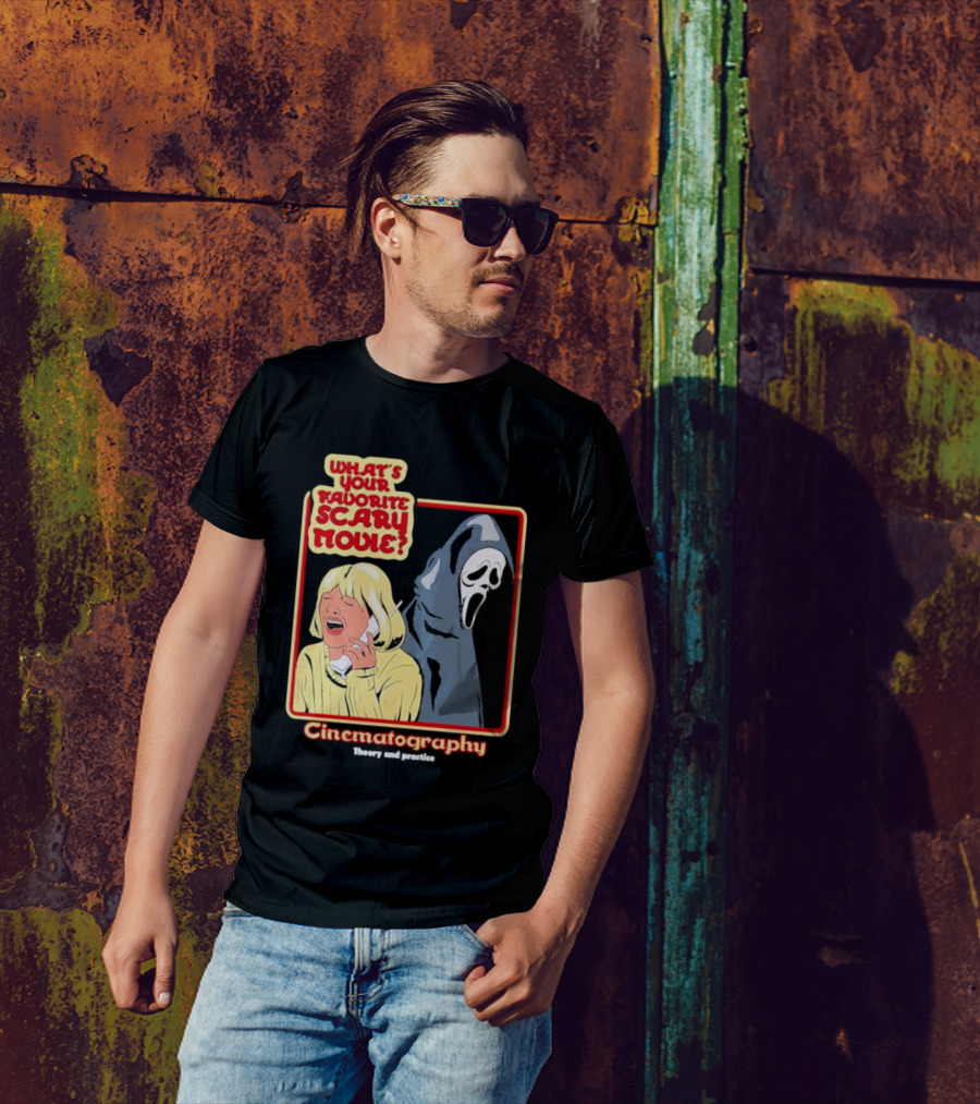 What’s Your Favorite Scary Movie Cinematography Theory And Practice Ghost Mask Girl On Phone T-Shirt