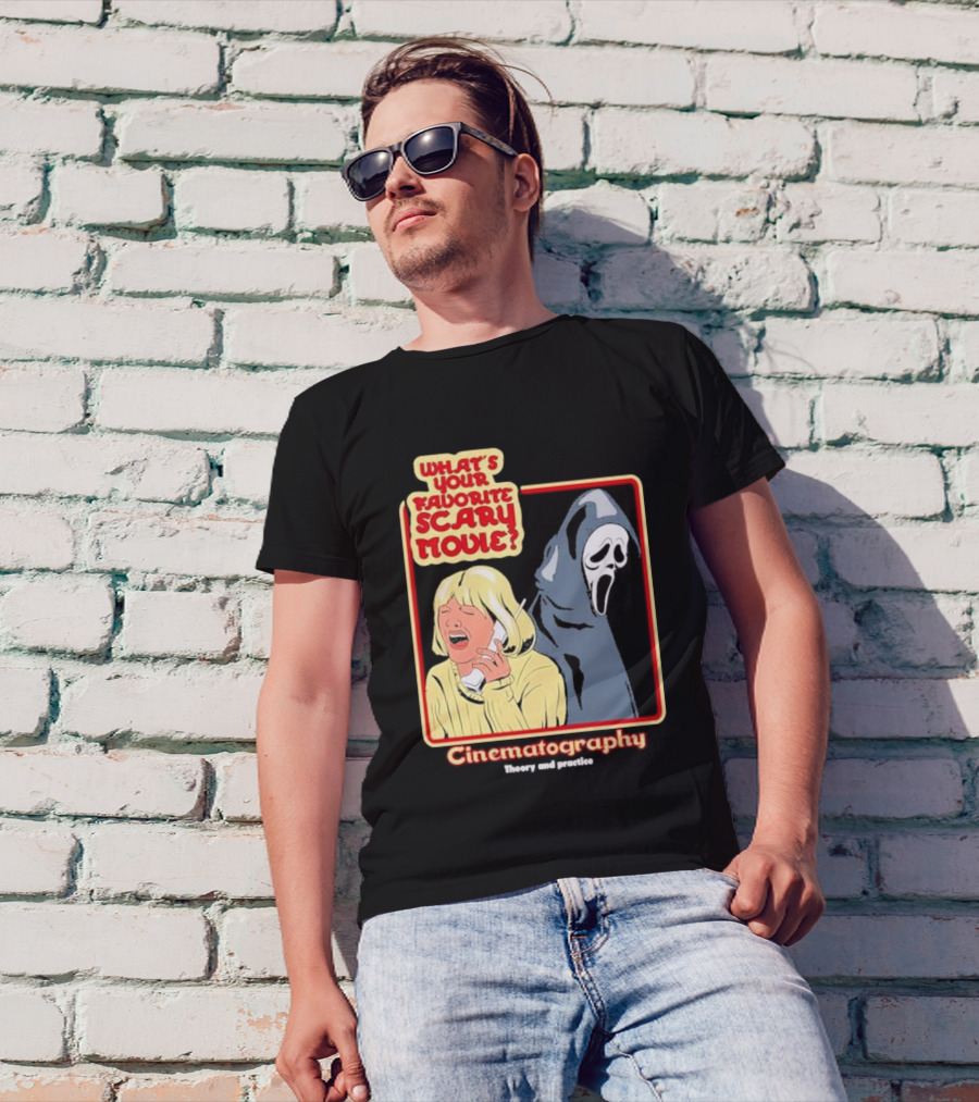 What’s Your Favorite Scary Movie Cinematography Theory And Practice Ghost Mask Girl On Phone T-Shirt