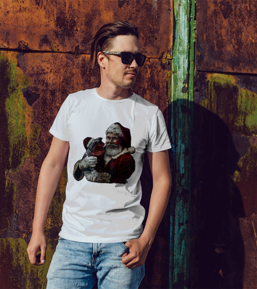 Moo Deng Xmas Funny Christmas Santa Hug Cute Baby Hippo Santa Claus Holiday T-Shirt