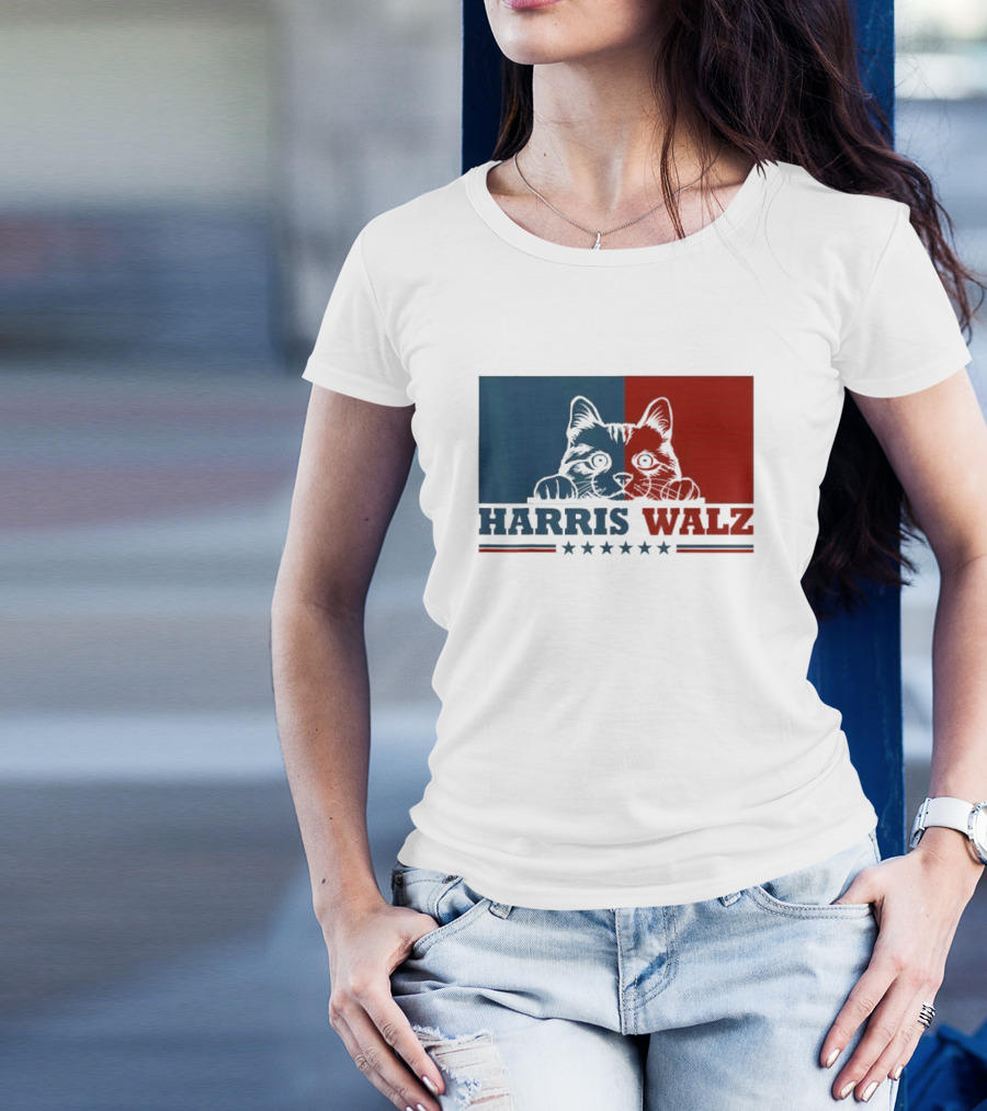 Harris Walz 2024 Cat Election Kamala Harris Tim Walz Blue Red Political T-Shirt