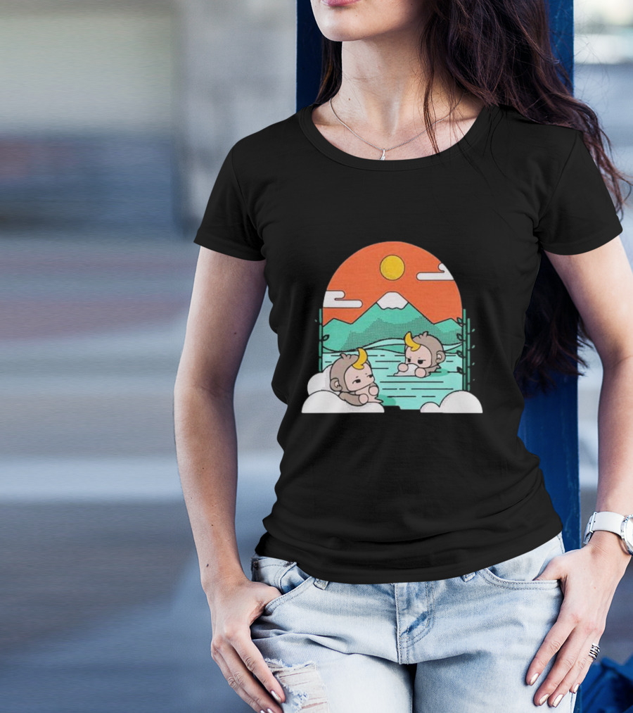 Cdawgva Tranquil Monkeys In Hot Springs With Mountains And Sunset T-Shirt