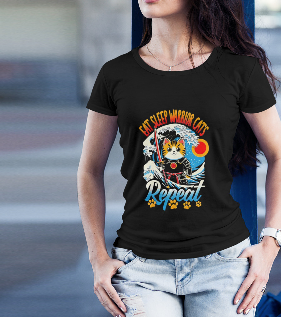 Eat Sleep Warrior Cats Repeat Great Wave Samurai Cat T-Shirt