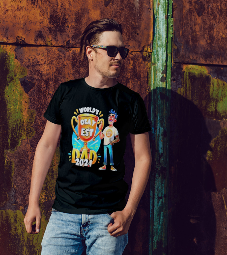 World's Okayest Dad 2024 Cartoon Trophy Fun Character T-Shirt