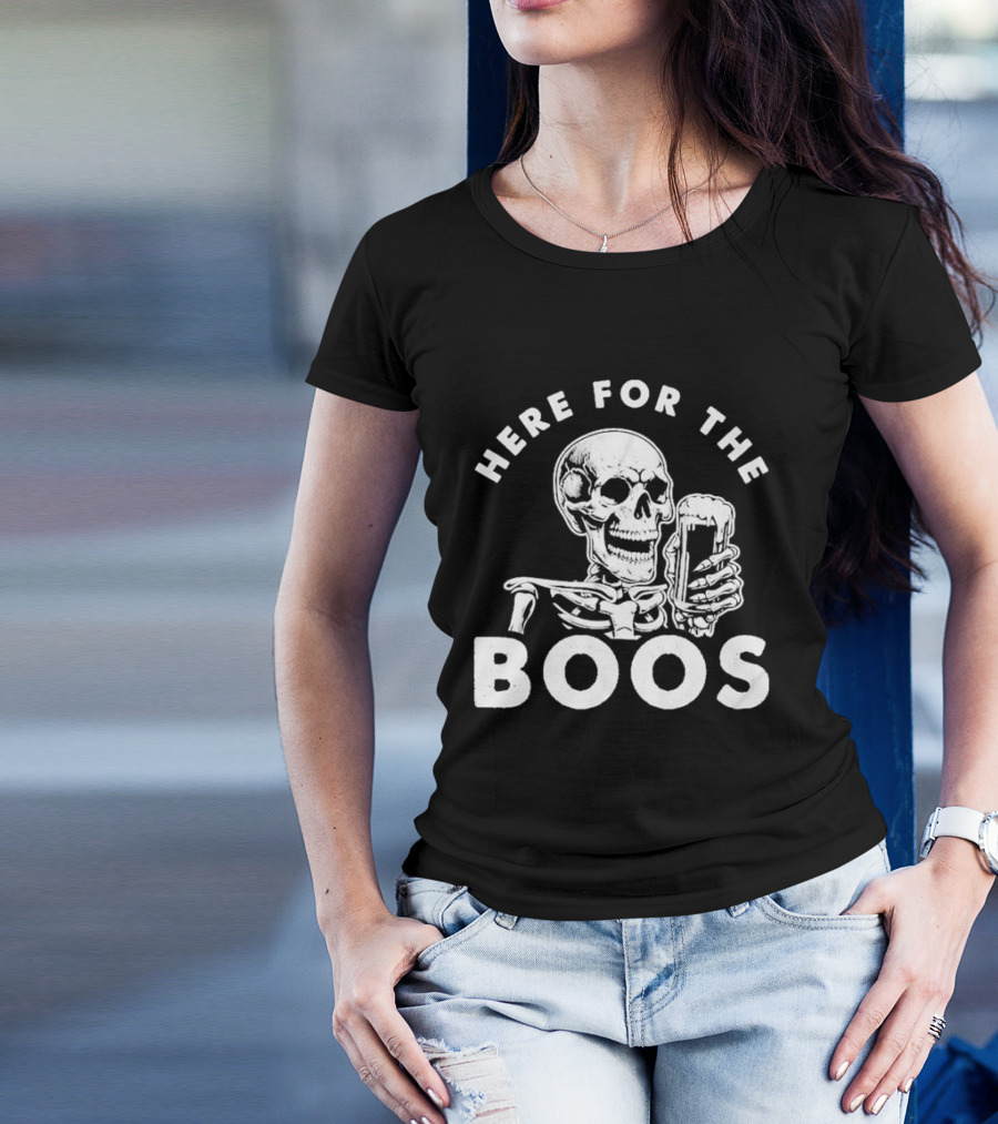Halloween Skeleton With Beer Here For The Boos T-Shirt