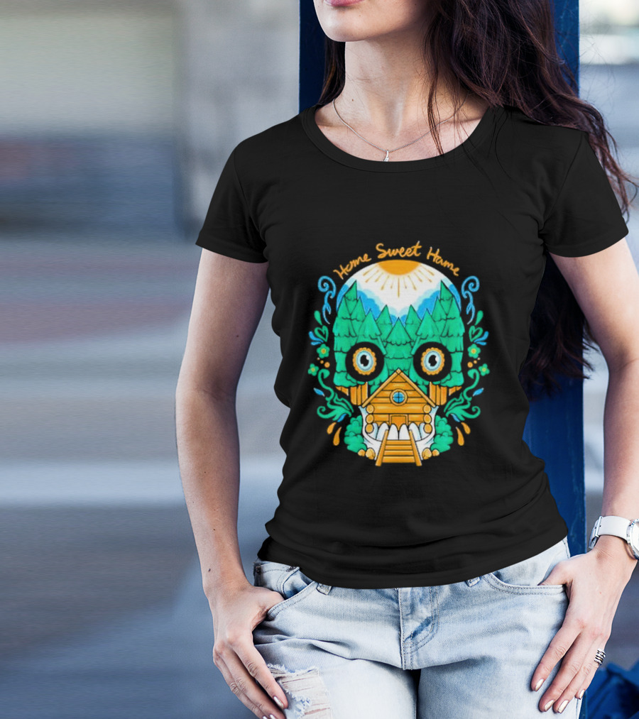 Home Sweet Home Nature Skull With Cabin In Spooky Atmosphere T-Shirt