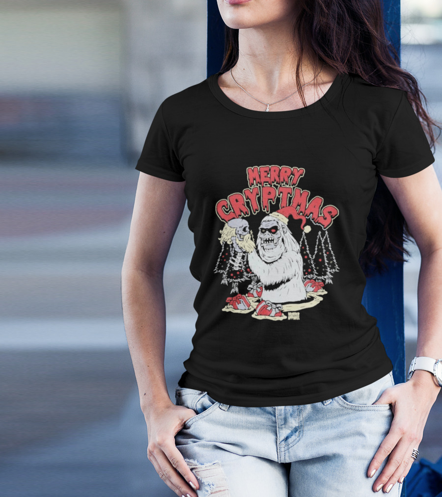 Merry Cryptmas Yeti Skull Santa Dark Humor T-Shirt