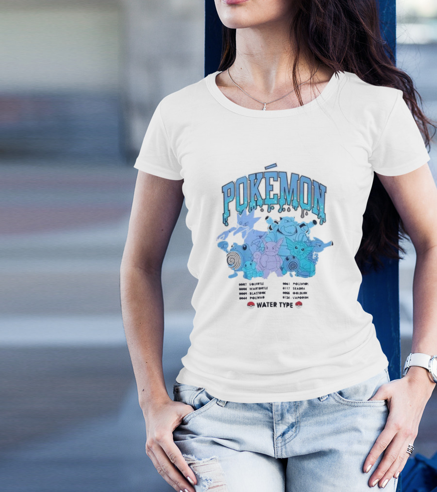 POKEMON Water Type Squirtle Wartortle Blastoise Poliwag Psyduck Golduck Poliwhirl Seadra Vaporeon T-Shirt