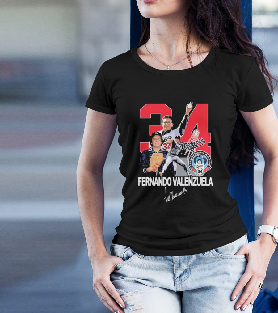 34 Dodgers Fernando Valenzuela Fernandomania Legend Signature T-Shirt