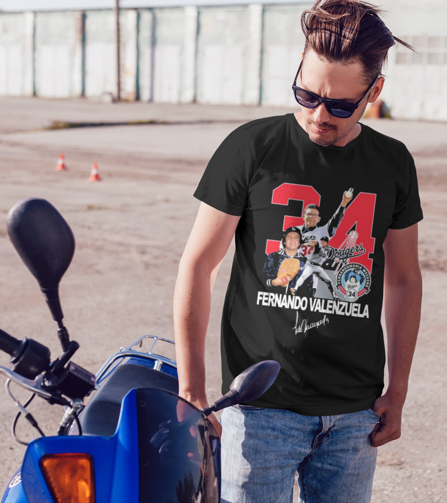 34 Dodgers Fernando Valenzuela Fernandomania Legend Signature T-Shirt