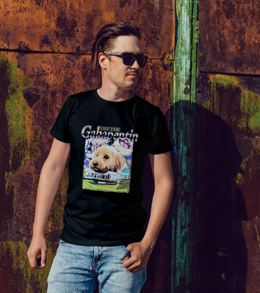 Off The Gabapentin Dog Floating Above Clouds And Stonehenge With Butterflies T-Shirt