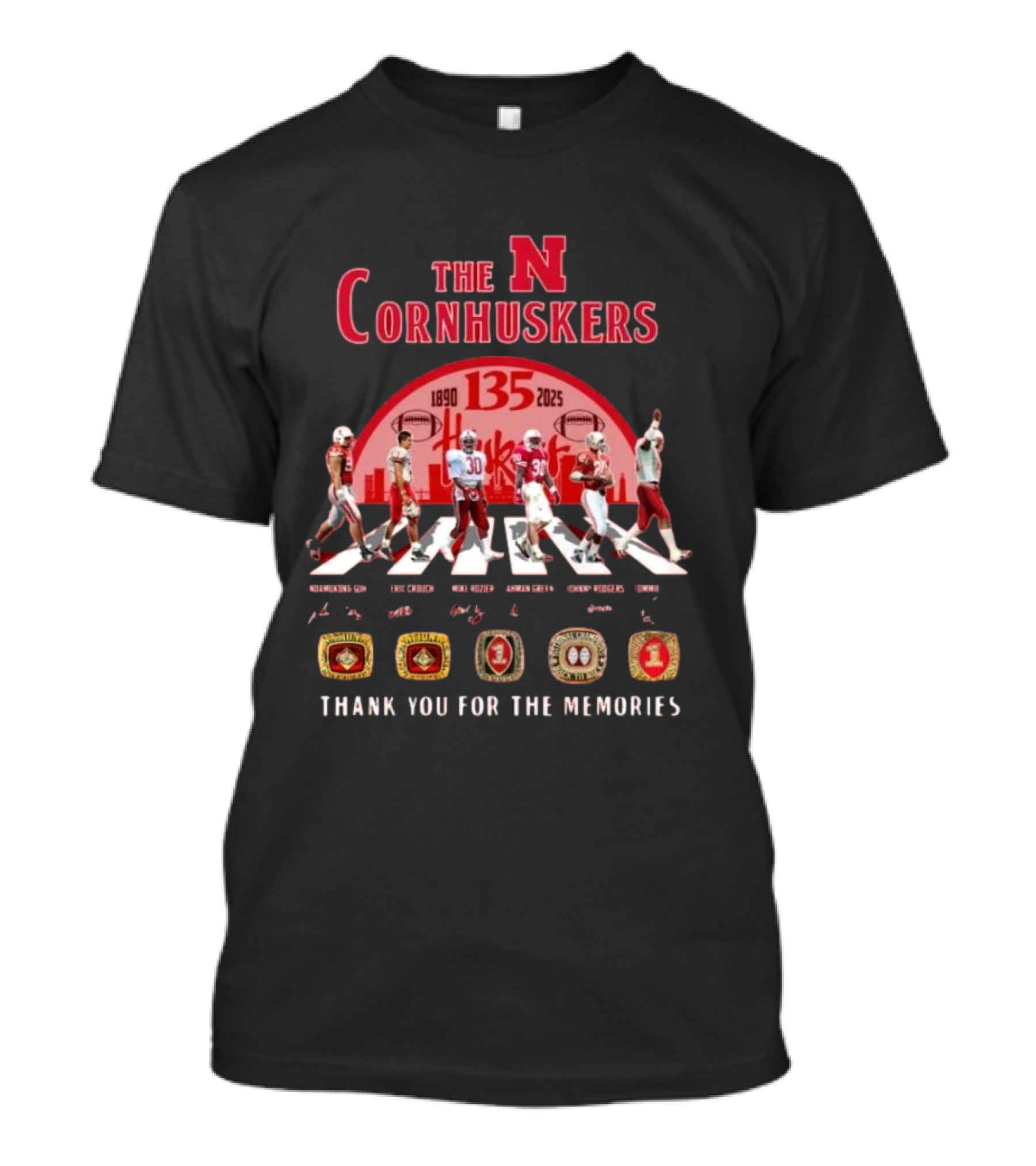 The Nebraska Cornhuskers 135 Years 1890-2025 Thank You For The Memories Champions Abbey Road Players Rings T-Shirt