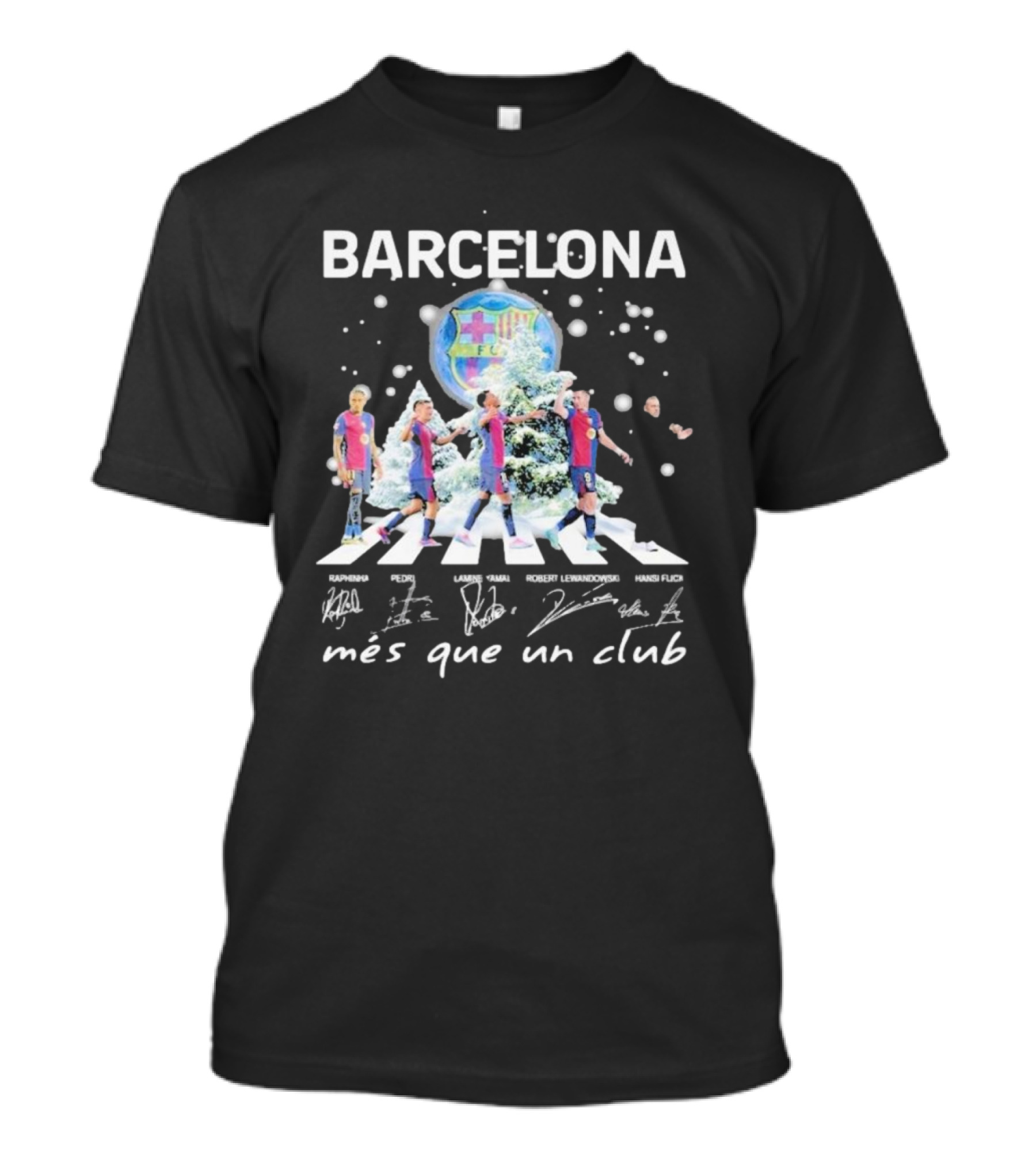 Barcelona FC 2024 Christmas Mes Que Un Club Raphinha Pedri Lamine Yamal Robert Lewandowski Hans Flick T-Shirt