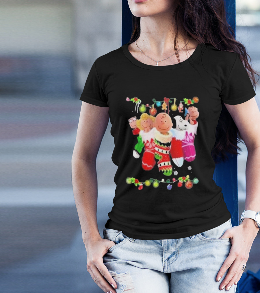 Snoopy Charlie And Friends In Festive Christmas Stockings With Holiday Lights T-Shirt