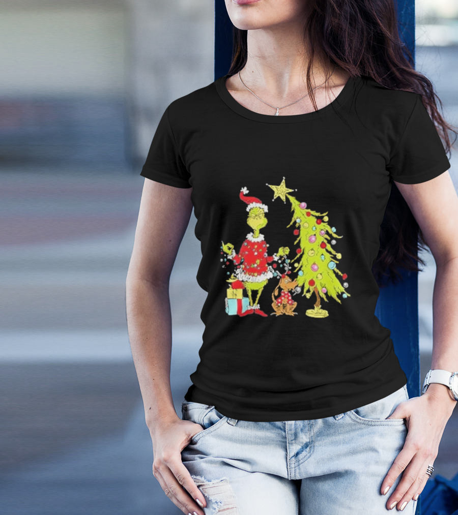 Grinch Christmas Tree With Santa Hat And Max By Presents T-Shirt
