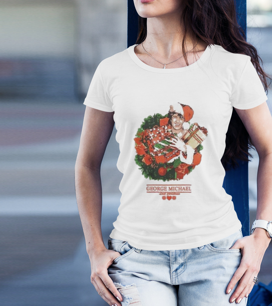 GEORGE MICHAEL LAST CHRISTMAS SANTA HAT WREATH T-Shirt