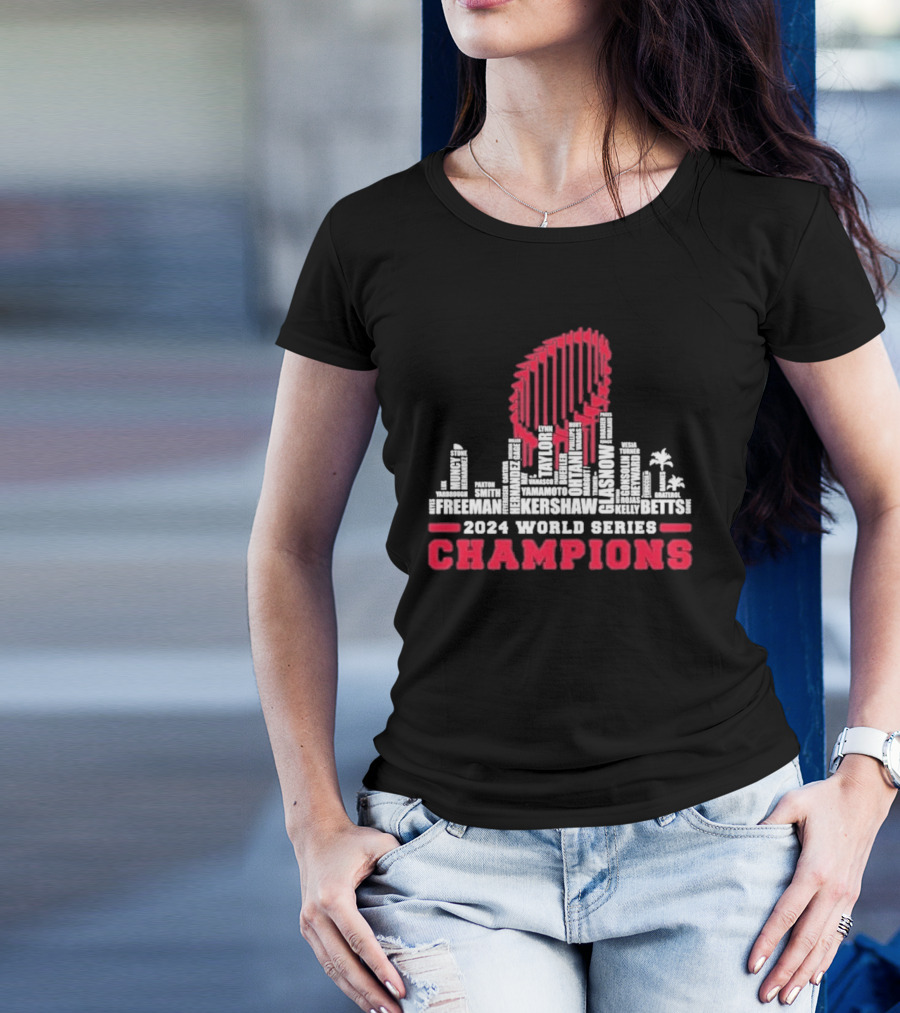 Los Angeles Dodgers 2024 World Series Champions Kershaw Freeman Betts Skyline T-Shirt