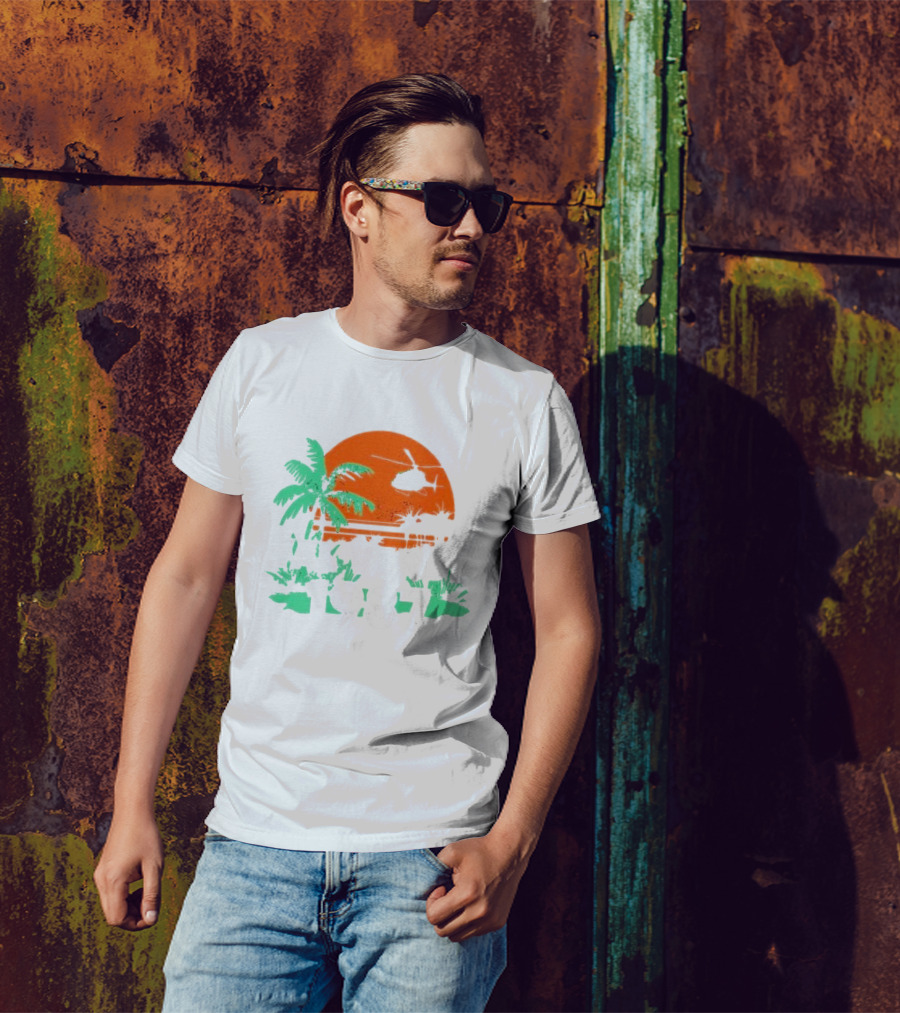 Val Verde 1987 Sunset Palm Trees Helicopter Scene T-Shirt