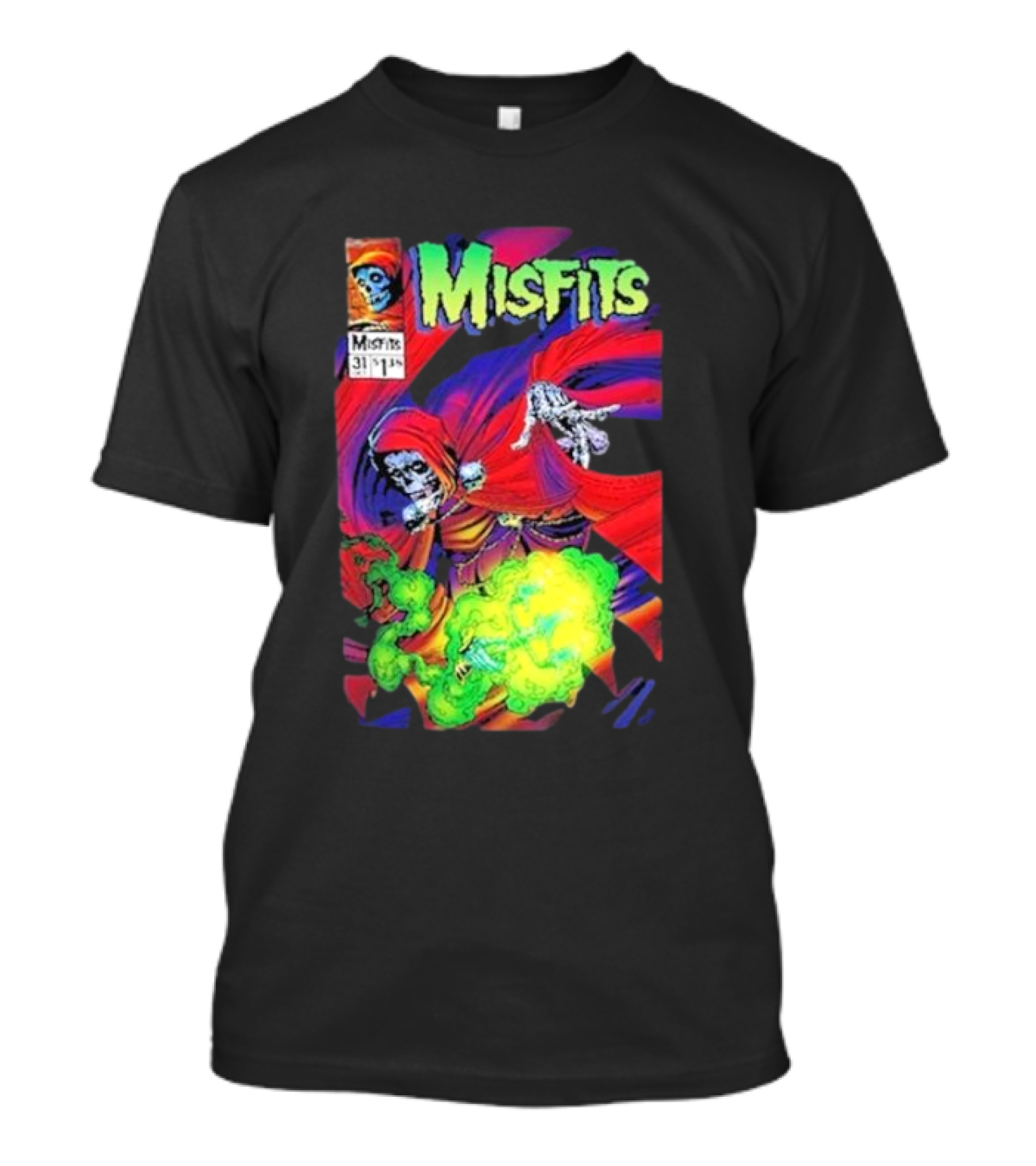 Misfits Oct 31 2024 Hell Fiend Skeletal Superhero With Green Flames T-Shirt