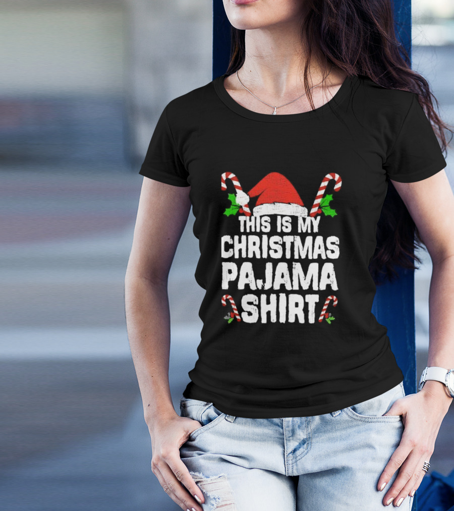 This Is My Christmas Pajama Shirt Candy Canes Santa Hat T-Shirt