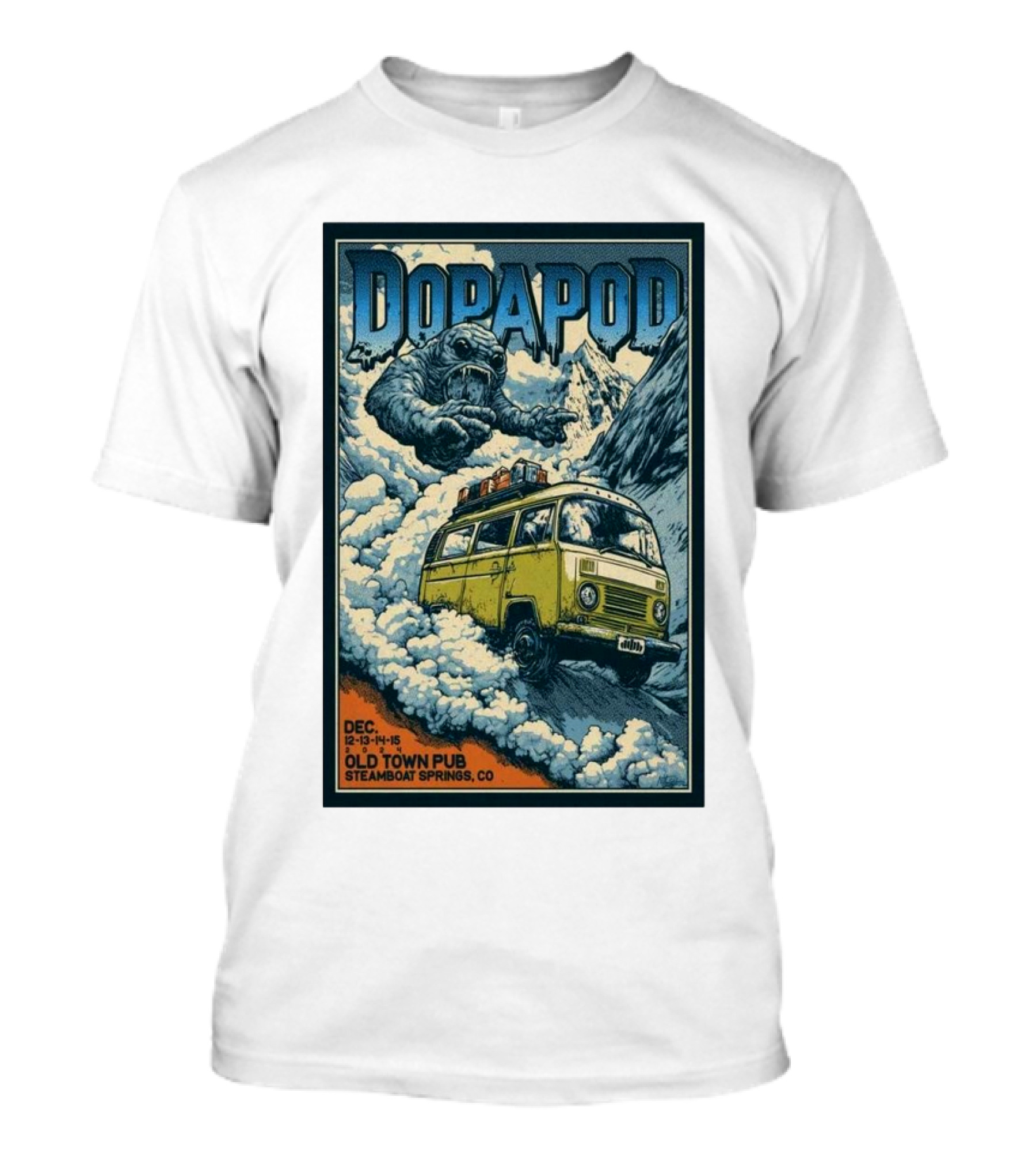 Dopapod Dec 12-13-14-15 2024 Old Town Pub Steamboat Springs CO Mountain Yeti Yellow Bus Adventure T-Shirt