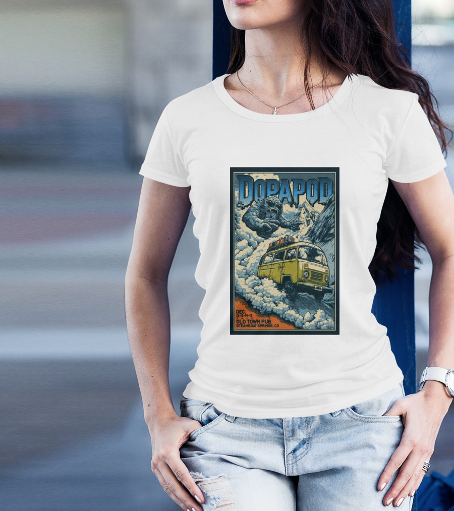 Dopapod Dec 12-13-14-15 2024 Old Town Pub Steamboat Springs CO Mountain Yeti Yellow Bus Adventure T-Shirt