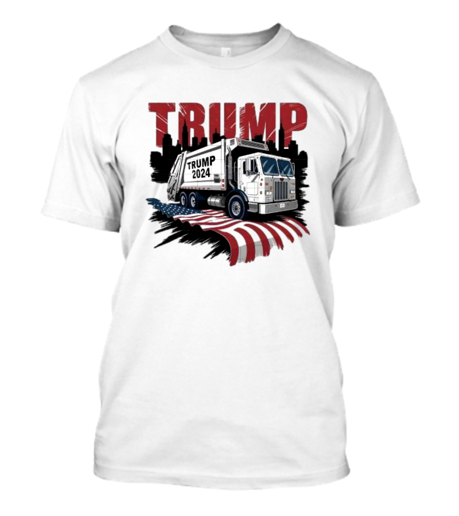 Trump 2024 Garbage Truck With American Flag Skyline Background T-Shirt