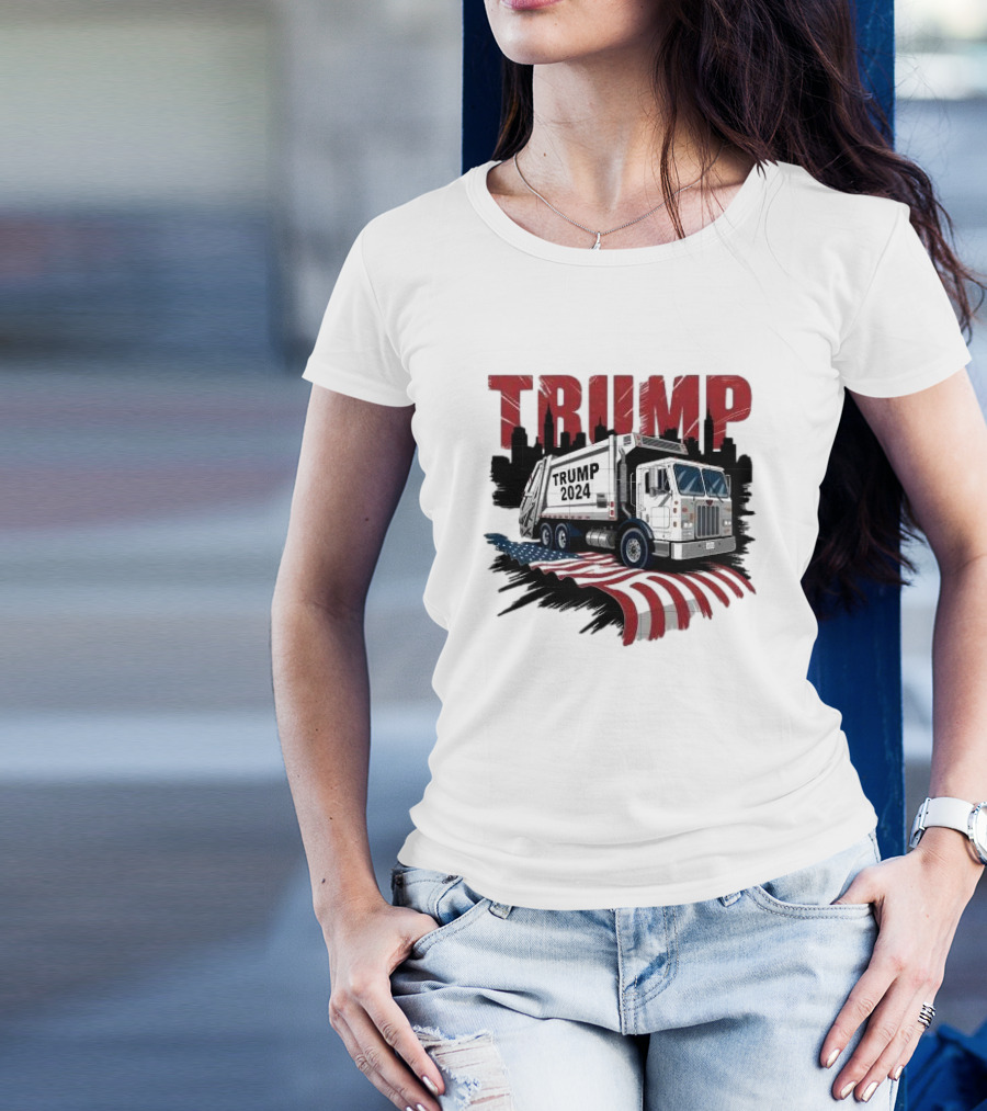 Trump 2024 Garbage Truck With American Flag Skyline Background T-Shirt