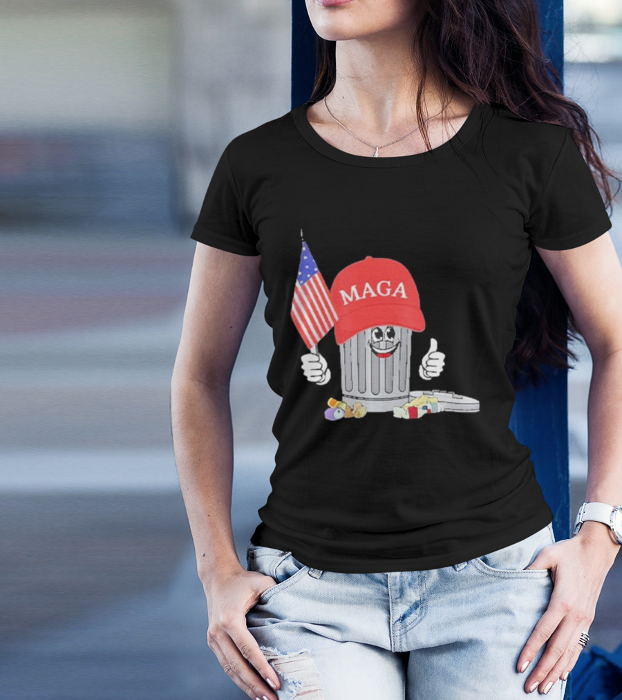Funny Trump MAGA Hat Mascot Holding American Flag Near Garbage Can T-Shirt