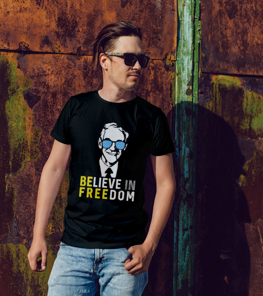 Ron Paul Believe In Freedom Libertarian BE FREE Portrait With Blue Sunglasses T-Shirt
