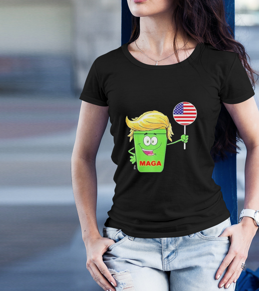 MAGA Cartoon Garbage Can With American Flag And Funny Trump Hair T-Shirt