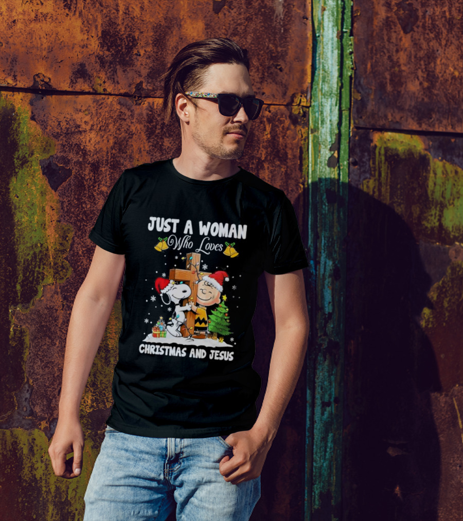 Snoopy Just A Woman Who Loves Christmas And Jesus 2024 Charlie Brown Hugging Cross Santa Hats Snowflakes T-Shirt