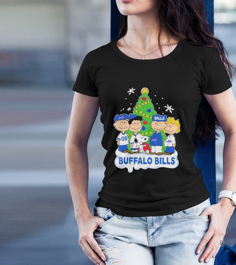 Buffalo Bills Snoopy Christmas Tree Peanuts Characters Holiday Scene T-Shirt
