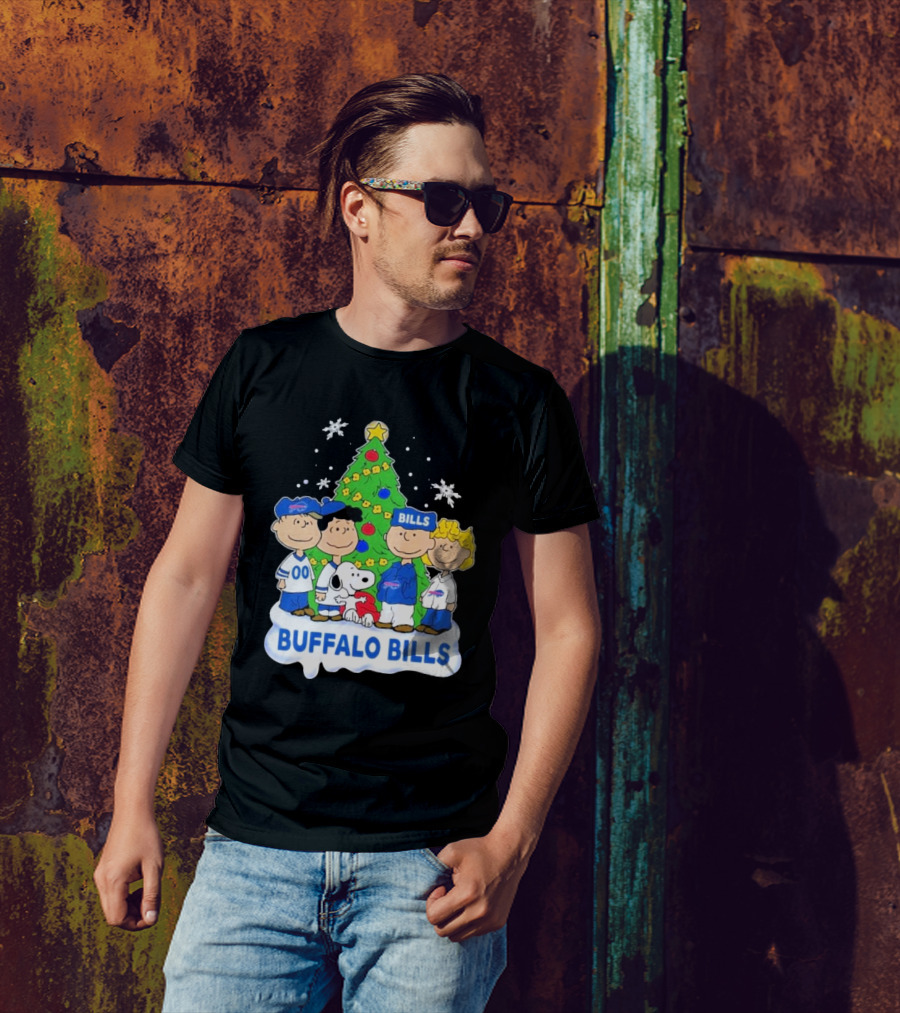 Buffalo Bills Snoopy Christmas Tree Peanuts Characters Holiday Scene T-Shirt