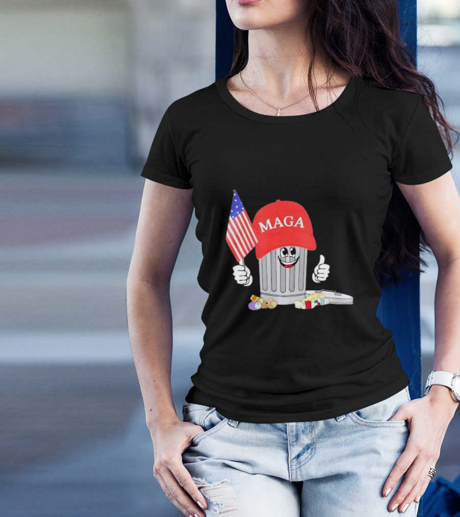 MAGA Garbage Can Cartoon Character Holding American Flag With Trump Hat T-Shirt