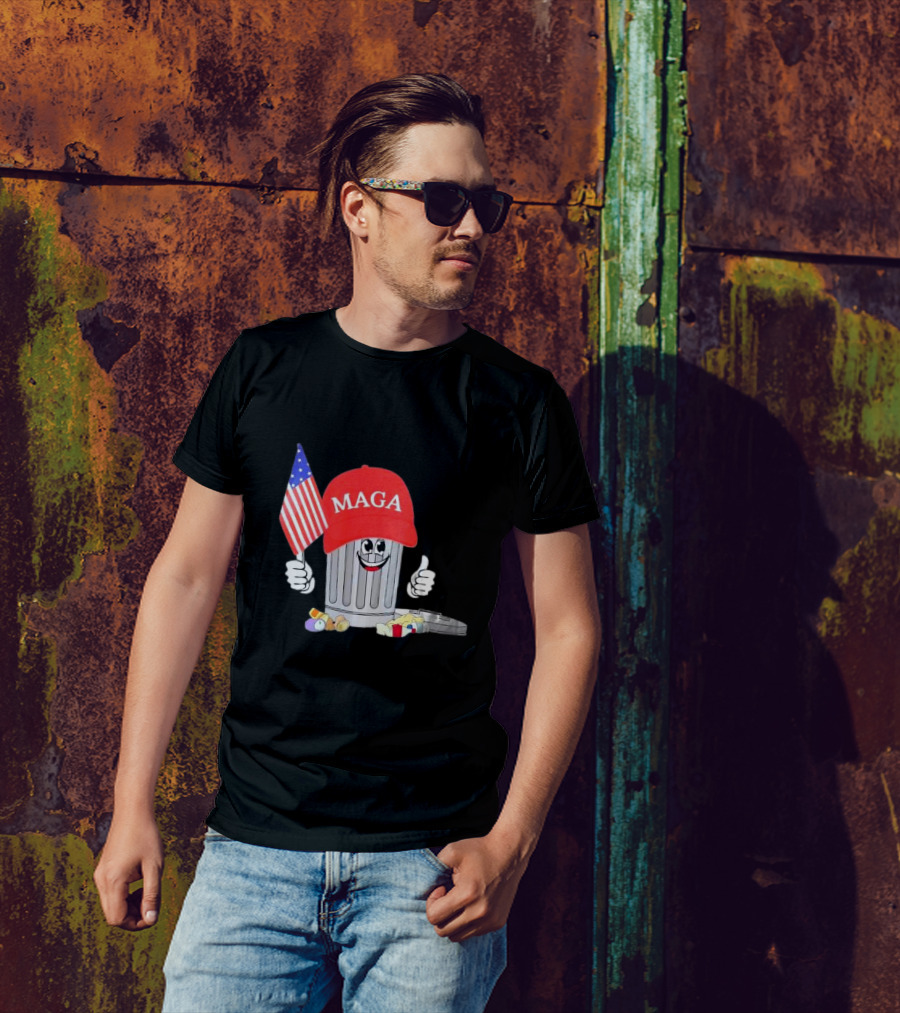 MAGA Garbage Can Cartoon Character Holding American Flag With Trump Hat T-Shirt